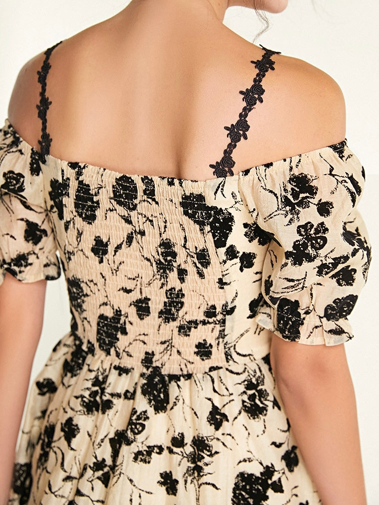Vintage Floral Back Shirred Embroidered Lace Shoulder Strap Elegant Dress