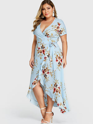 Ruffled Floral Surplice Plus Size Wrap Dress