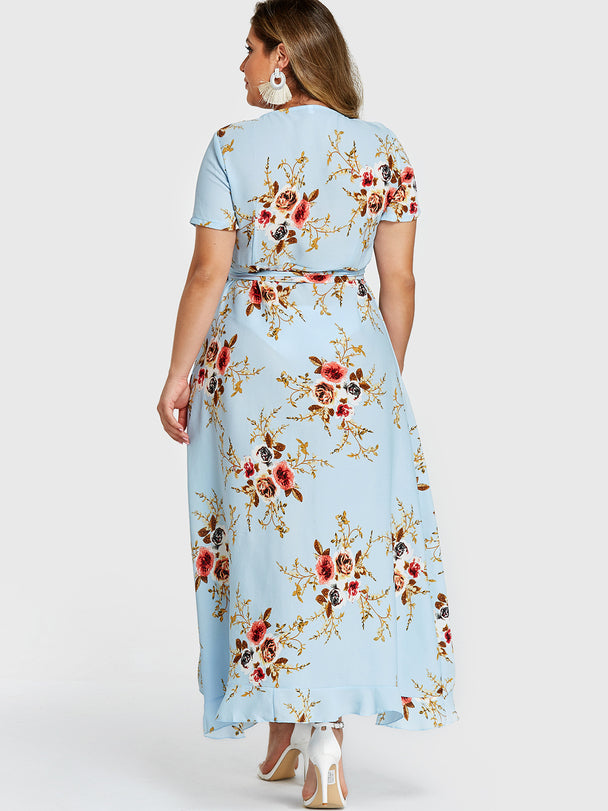 Ruffled Floral Surplice Plus Size Wrap Dress