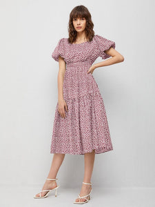 Ditsy Floral Puff Sleeve Flounce Hem Shirred Waist Dress