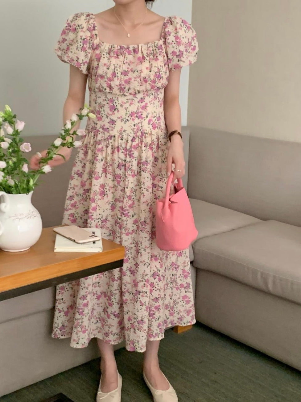 Pleated Bust & Waist Vintage Floral Dress