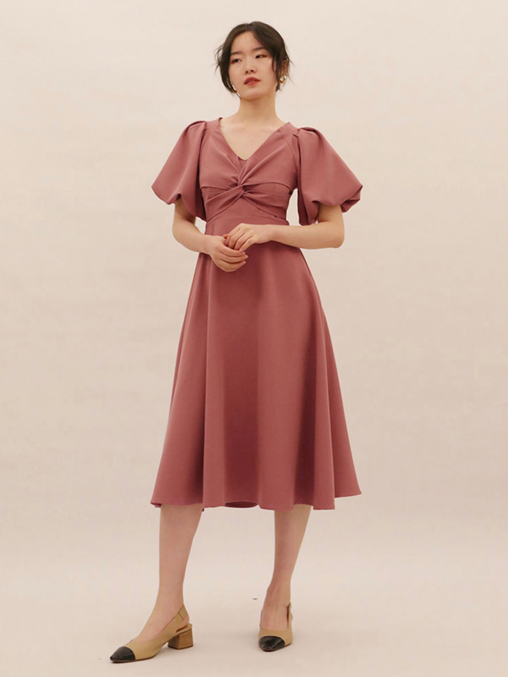 Lantern Sleeve Twisted Bowknot Front Solid Elegant Dress