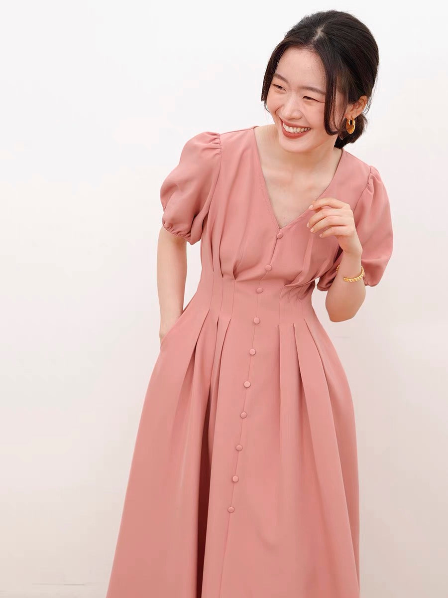 Button Down Elastic Sleeve Solid Dress