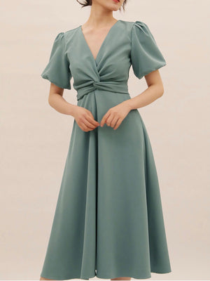 Elastic Sleeve V-neck Twisted Bowknot Solid Dress