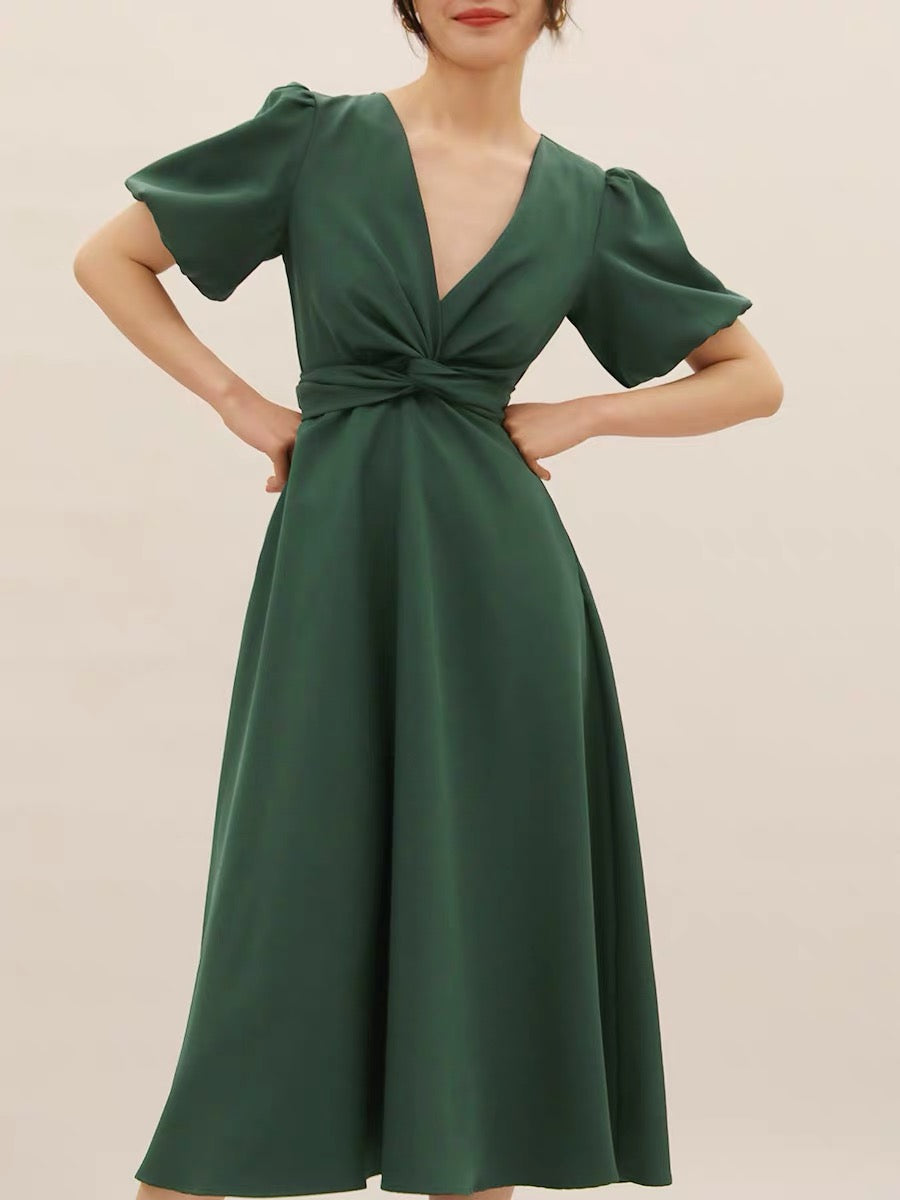 Elastic Sleeve V-neck Twisted Bowknot Solid Dress