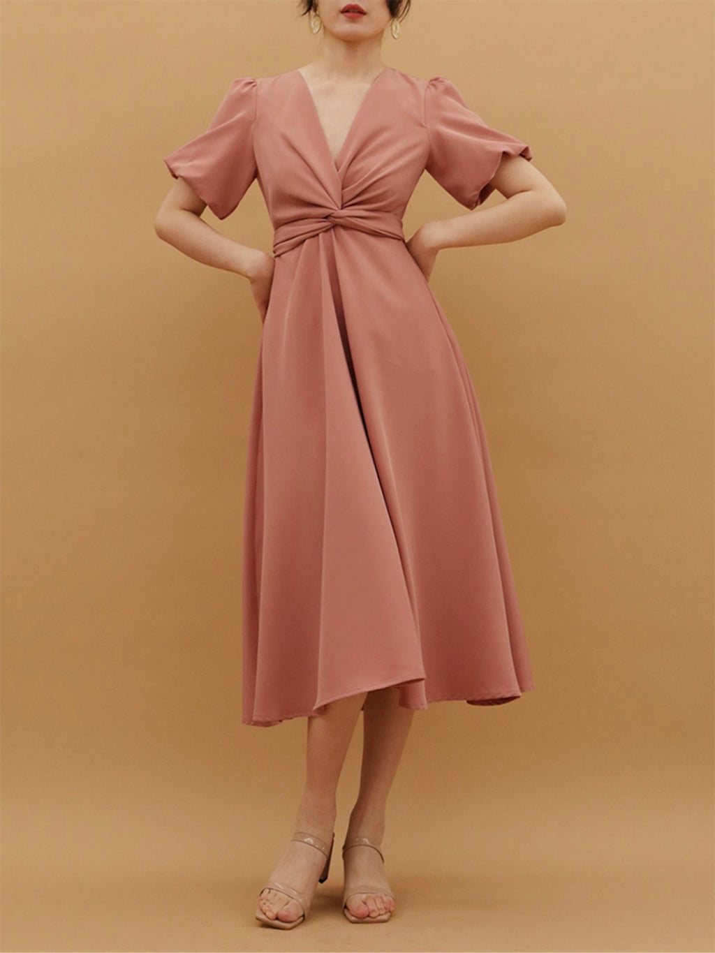 Elastic Sleeve V-neck Twisted Bowknot Solid Dress