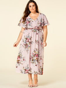 Cape Shoulder Garter Waist Plus Size Floral Dress