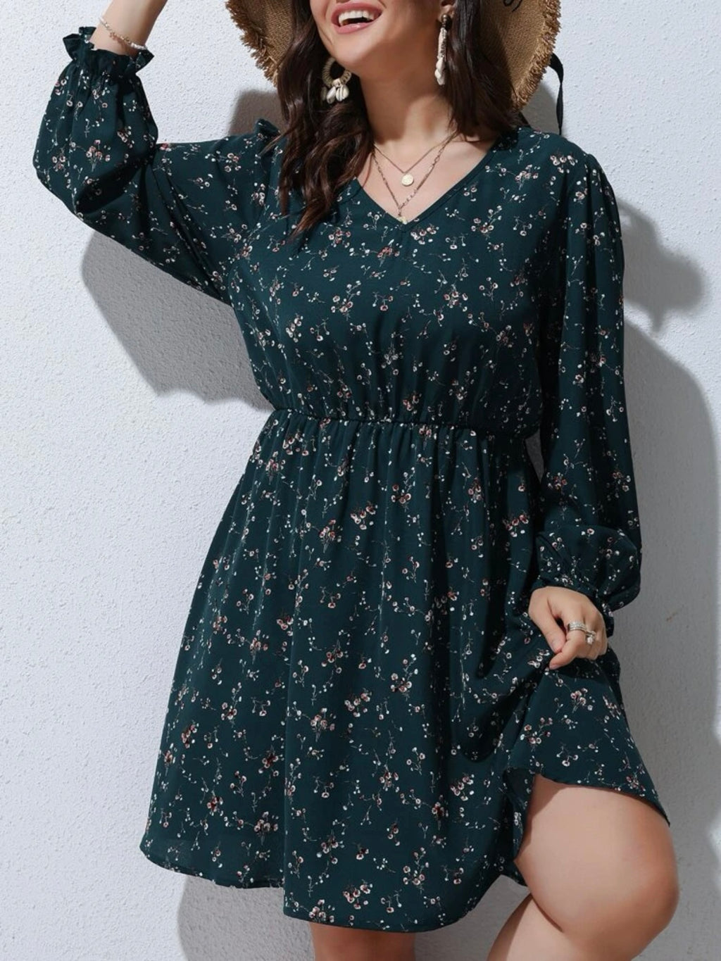 Long Sleeve V-neck Garter Ditsy Floral Plus Size Dress