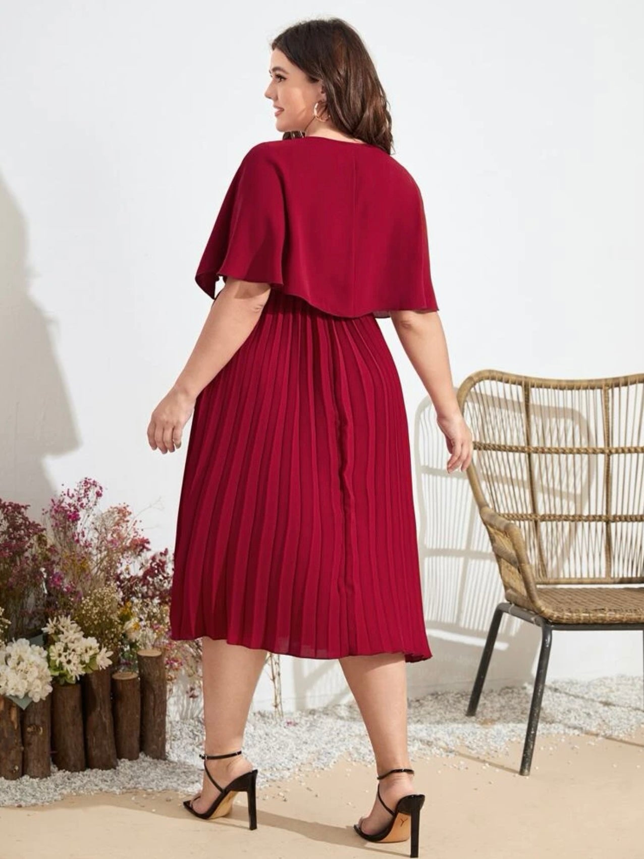 Pleated Cape Shoulder V-neck Plus Size Dress