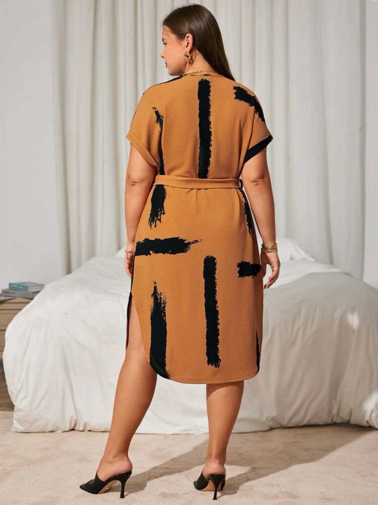 Splash Stripe Fold-up Sleeve Self Belt Plus Size Dress