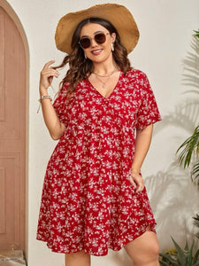 V-neck Vintage Floral Babydoll Plus Size Dress