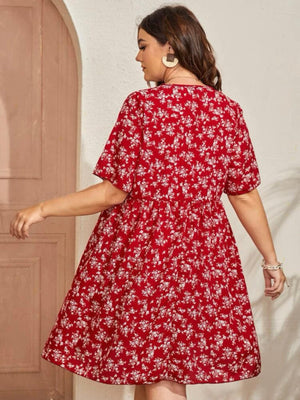 V-neck Vintage Floral Babydoll Plus Size Dress
