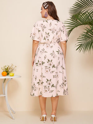 Pearl Button-up Front Slit Floral Plus Size Dress
