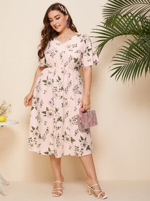 Pearl Button-up Front Slit Floral Plus Size Dress