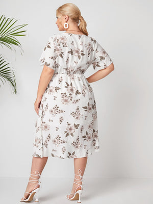 Pearl Button-up Front Slit Floral Plus Size Dress