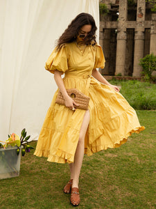 Puff Pleated Sleeve Front Button Flounce Self Belt Dress