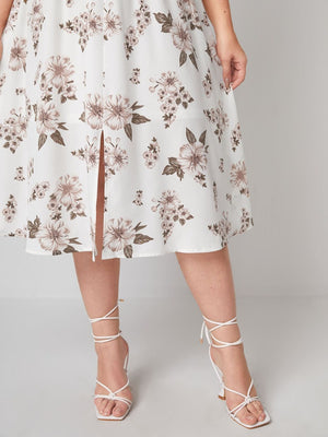 Pearl Button-up Front Slit Floral Plus Size Dress