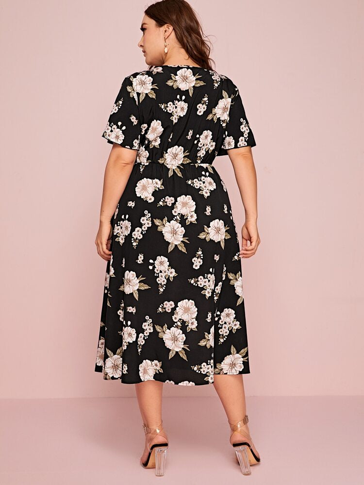 Pearl Button-up Front Slit Floral Plus Size Dress