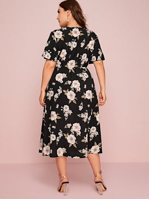 Pearl Button-up Front Slit Floral Plus Size Dress