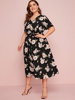 Pearl Button-up Front Slit Floral Plus Size Dress