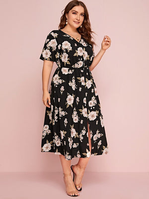 Pearl Button-up Front Slit Floral Plus Size Dress