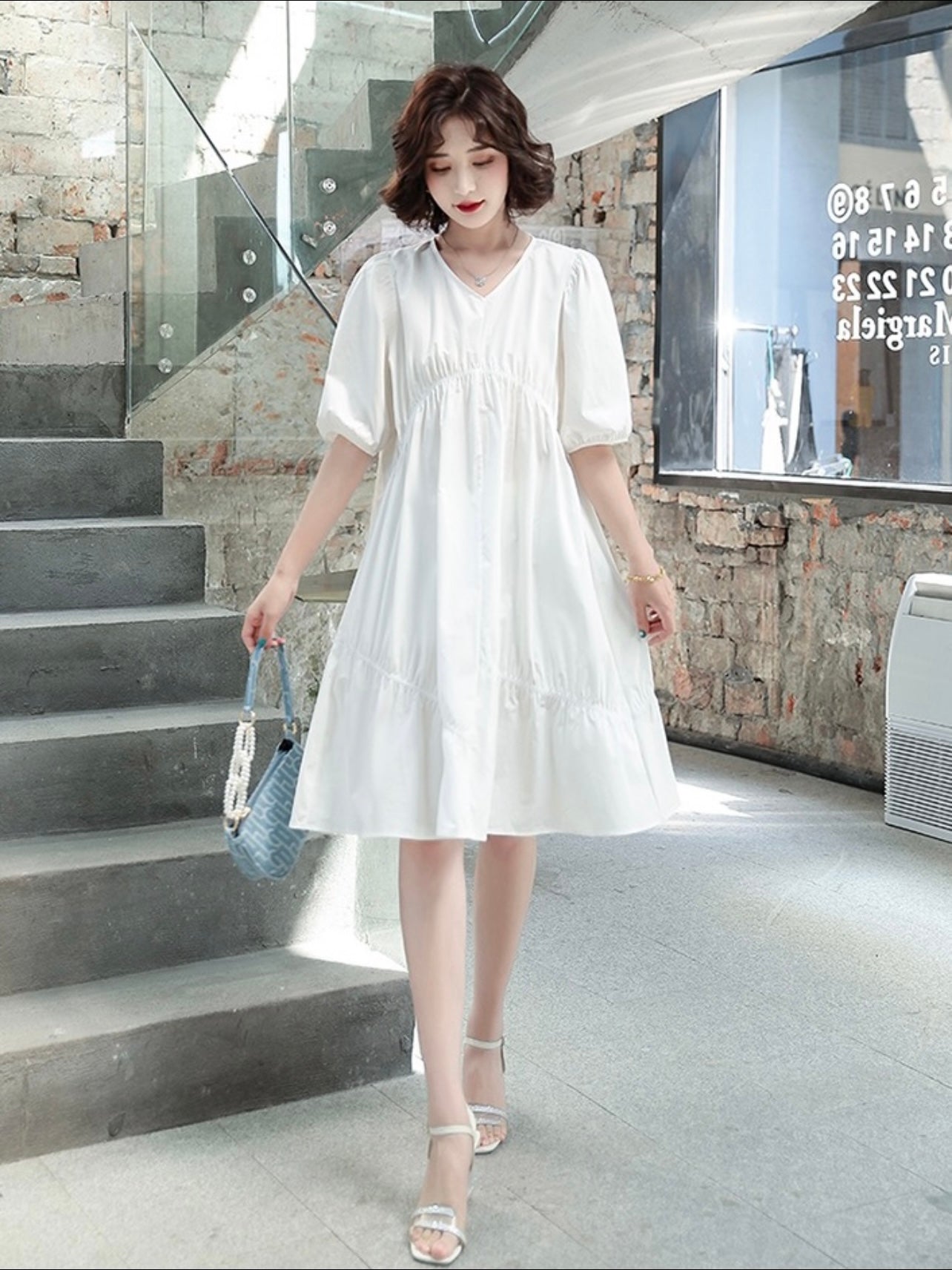 Shirred Detail Elastic Sleeve Solid Dress