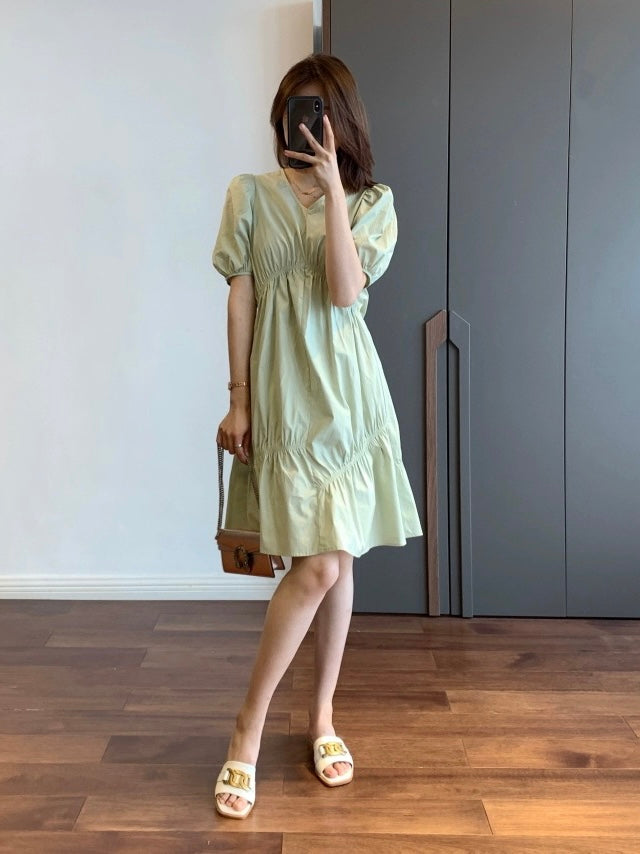 Shirred Detail Elastic Sleeve Solid Dress