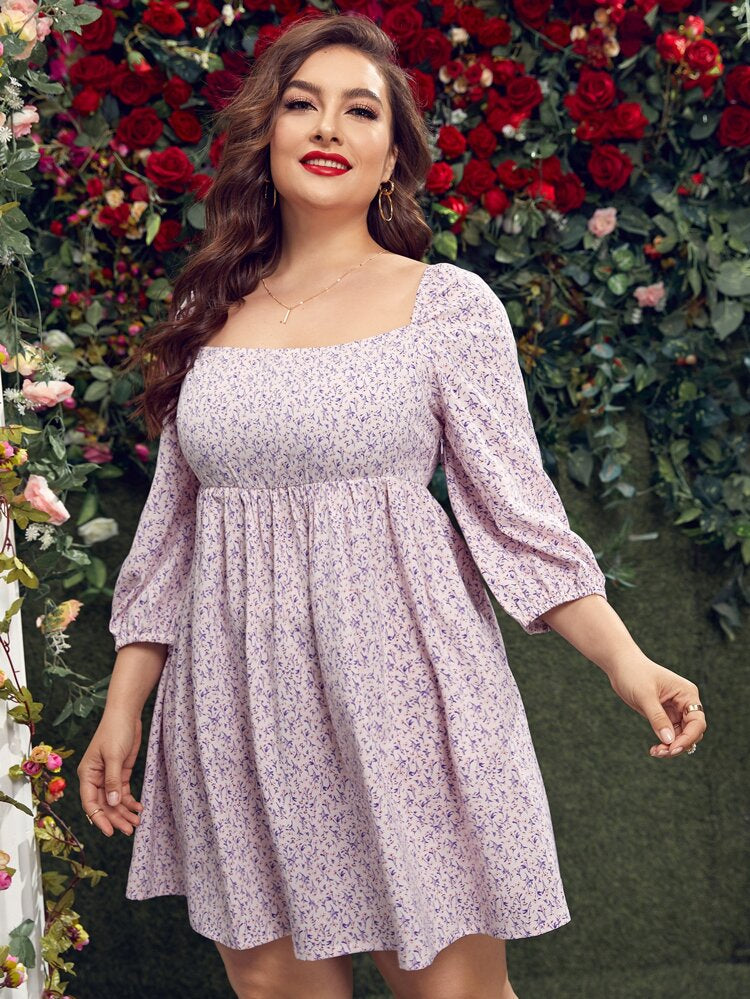 Square Neckline 3/4 Sleeve Plus Size Babydoll Smock Dress