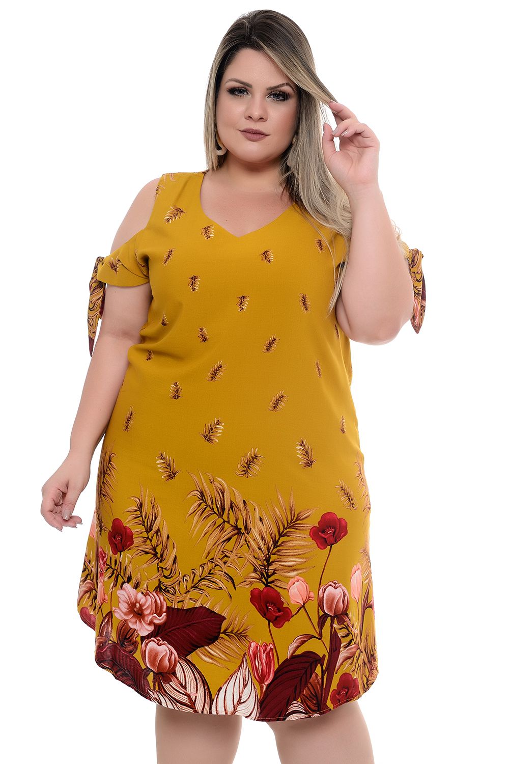 Cold Shoulder Bowknot Sleeve Floral Leaf Plus Size Dress