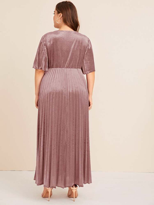 Pleated Velvet Surplice Plus Size Dress