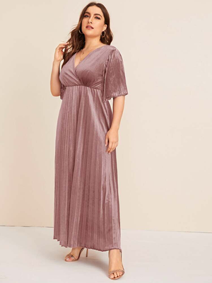 Pleated Velvet Surplice Plus Size Dress