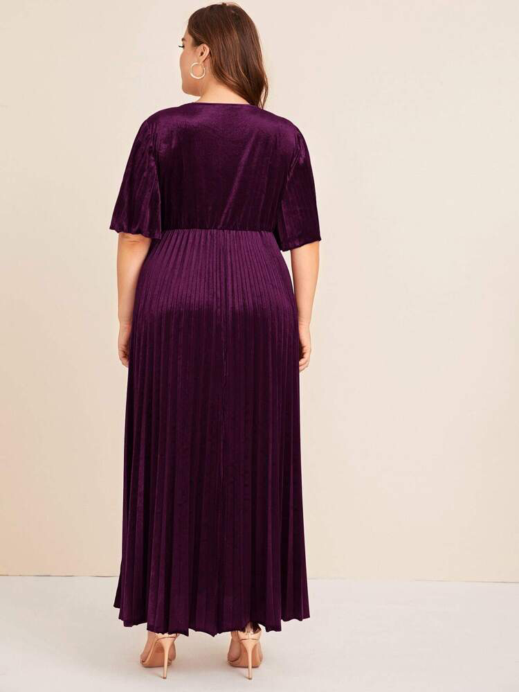 Pleated Velvet Surplice Plus Size Dress