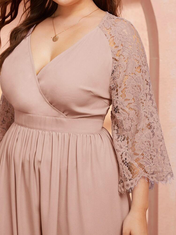 Embroidered Lace Sleeve Surplice Plus Size Dress