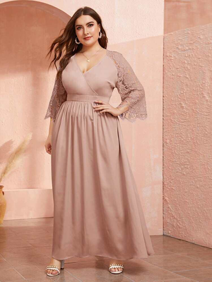 Embroidered Lace Sleeve Surplice Plus Size Dress