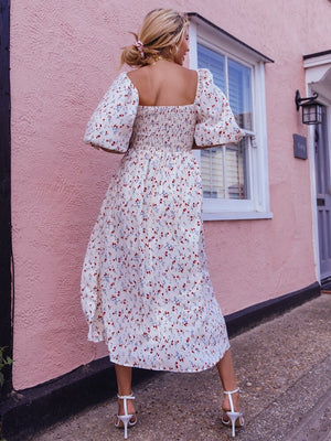 Shirred Blossom Floral Puff Sleeve Square Neck Side Split Dress