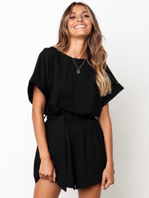 Fold-up Sleeve Solid Romper / Jumpshort with Belt