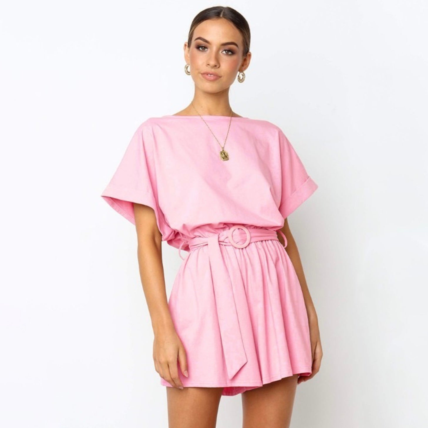 Fold-up Sleeve Solid Romper / Jumpshort with Belt