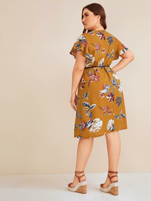 Floral Plus Size Dress With Braided Leather Self Belt