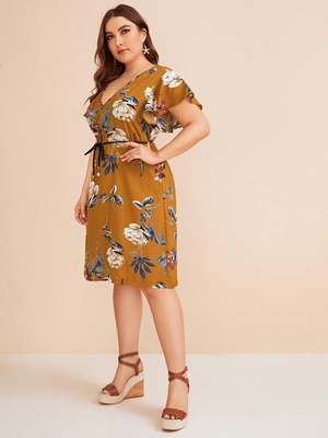 Floral Plus Size Dress With Braided Leather Self Belt