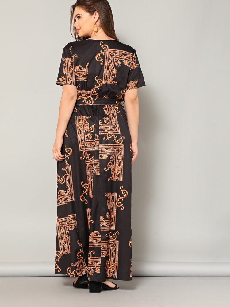 Vintage Print Surplice Self Belt Plus Size Dress