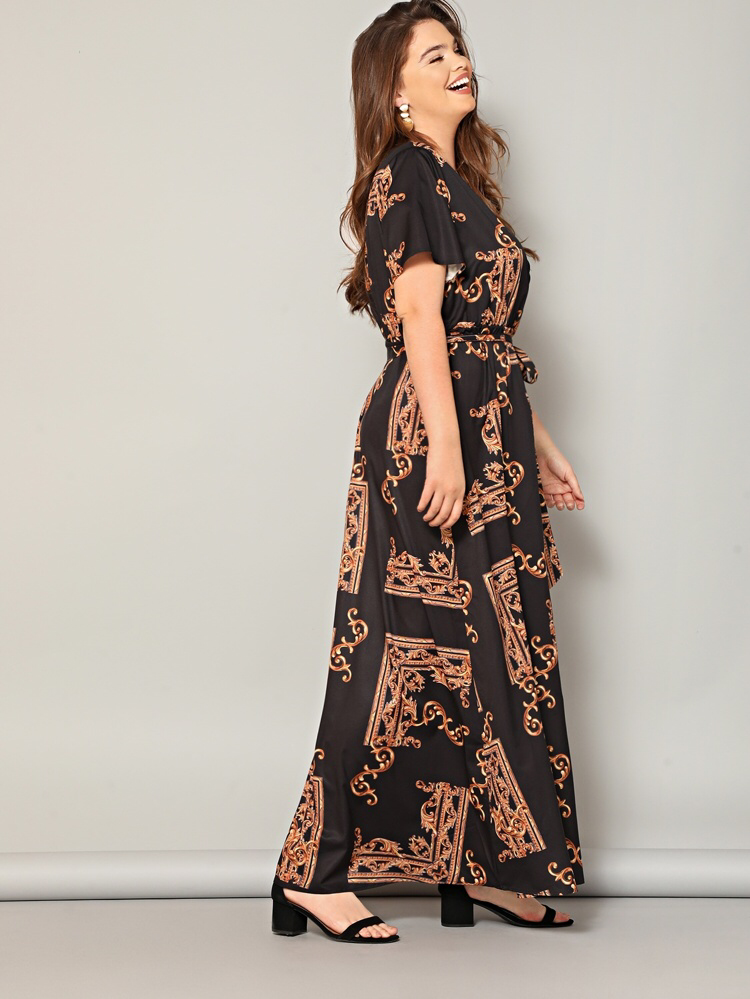 Vintage Print Surplice Self Belt Plus Size Dress