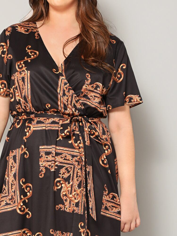 Vintage Print Surplice Self Belt Plus Size Dress