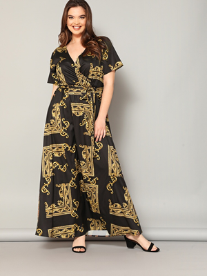 Vintage Print Surplice Self Belt Plus Size Dress