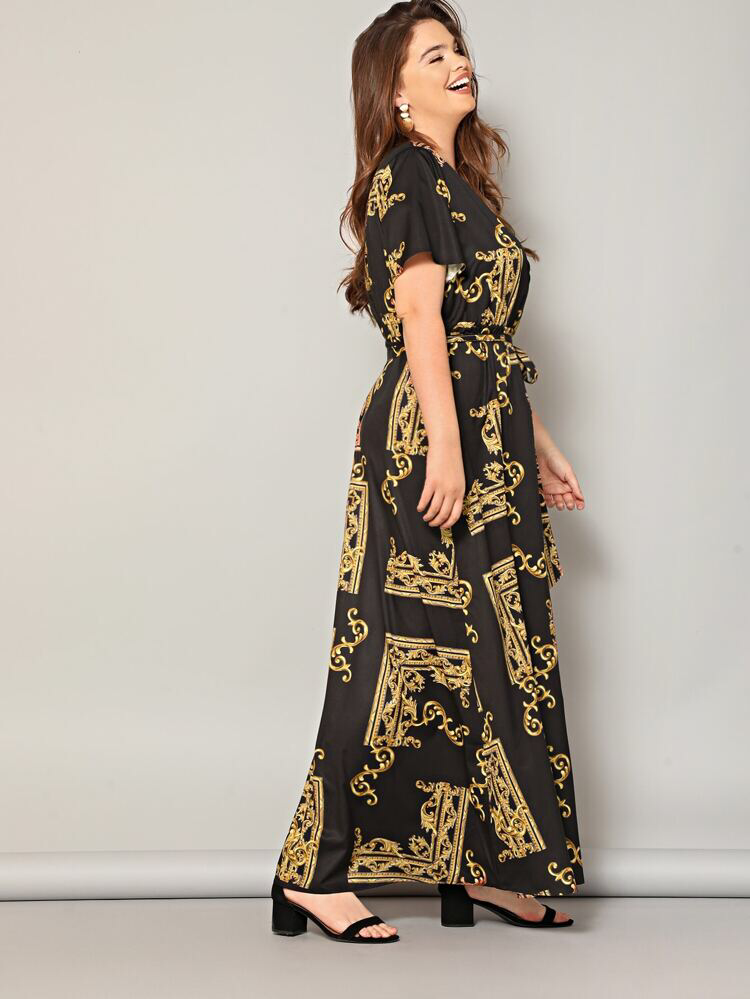 Vintage Print Surplice Self Belt Plus Size Dress