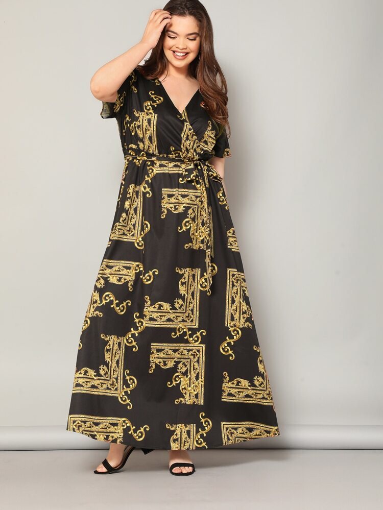 Vintage Print Surplice Self Belt Plus Size Dress