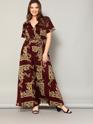 Vintage Print Surplice Self Belt Plus Size Dress