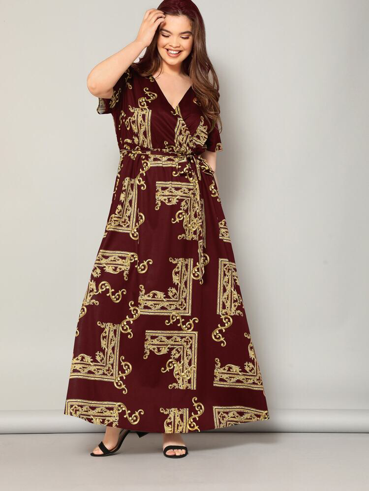 Vintage Print Surplice Self Belt Plus Size Dress