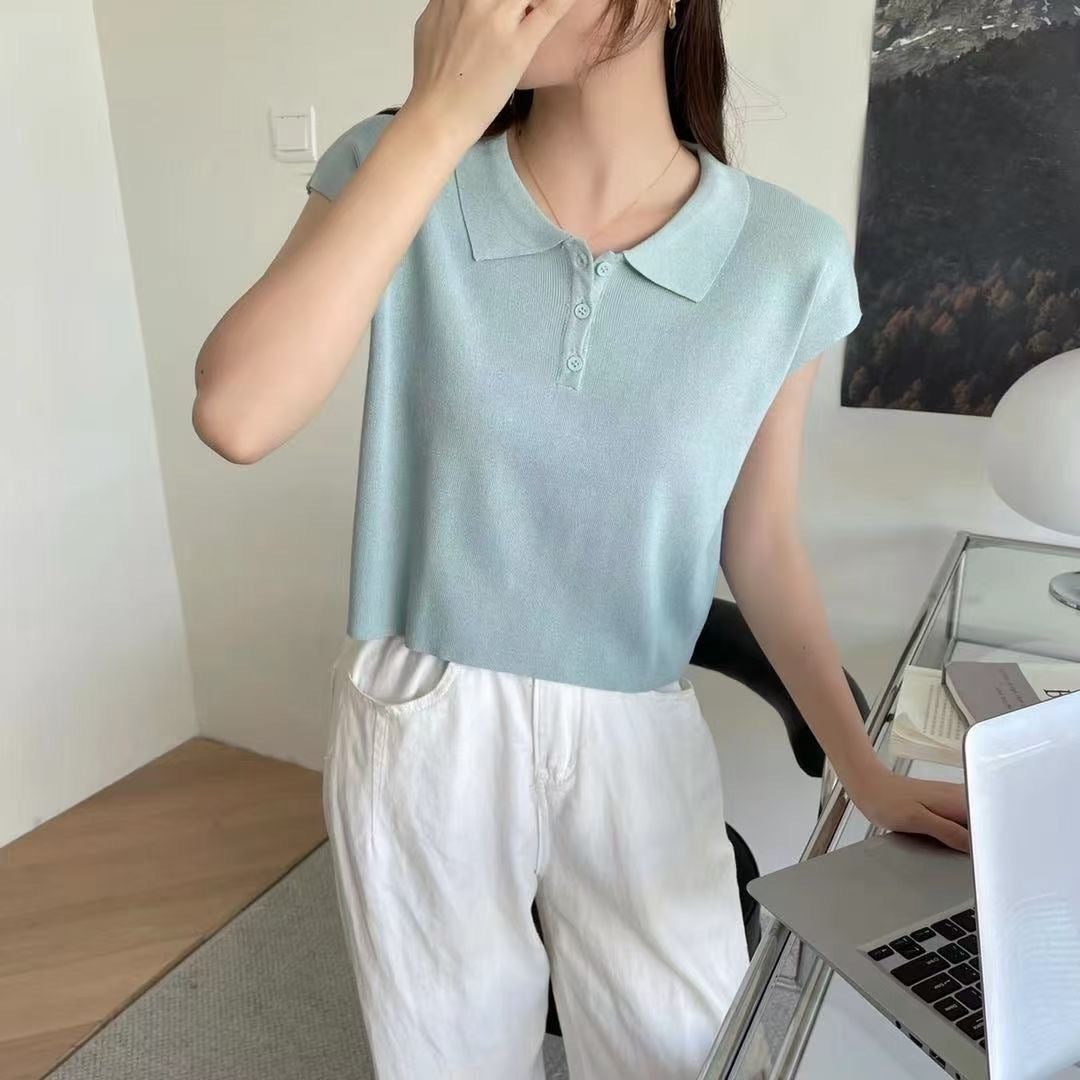 Button-up Collar Neck Knitted Top