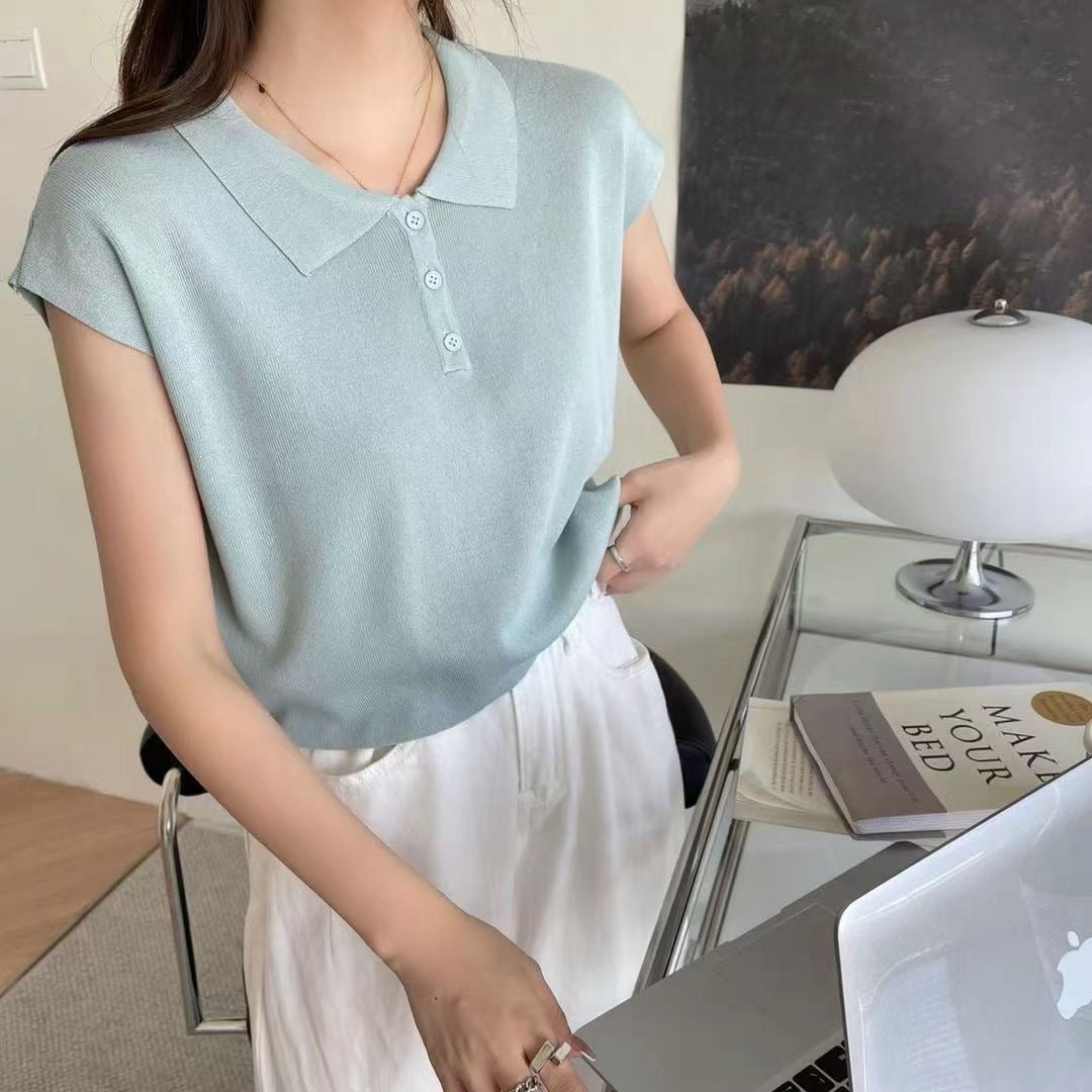 Button-up Collar Neck Knitted Top
