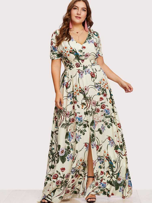 Front Slit Floral Plus Size Dress